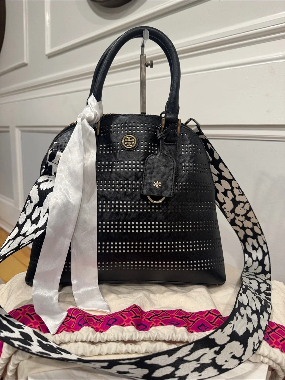 Tory Burch Bag Robinson Black Leather Perforated Dome Top Handle Bag